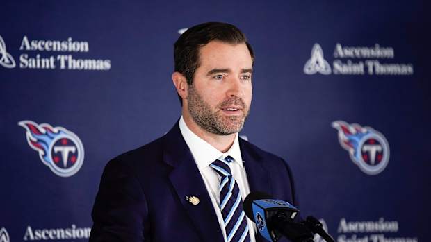 Brian Callahan speaks during a press conference after being hired as the Tennessee Titans new head coach at Ascension Saint Thomas Sports Park.